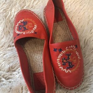 Tory Burch orange embroidered espadrille flats